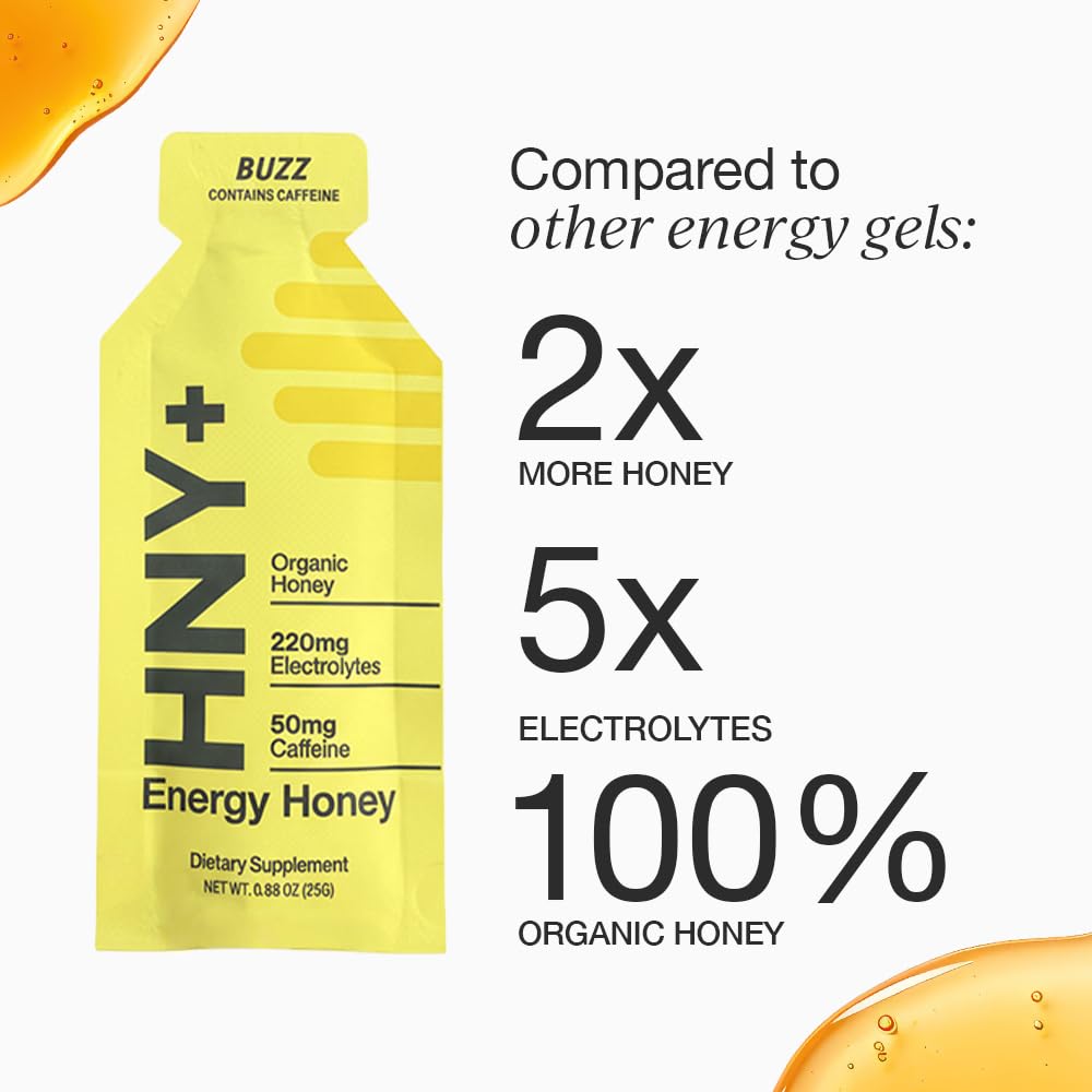 HNY+ Buzz Organic Honey Energy Gel with Electrolytes, Magnesium, Sea Salt, Potassium & Green Tea Caffeine, Workout Gels for Gym, Running & Hiking, Gluten Free & Vegan, 50mg Caffeine, 12 Pack