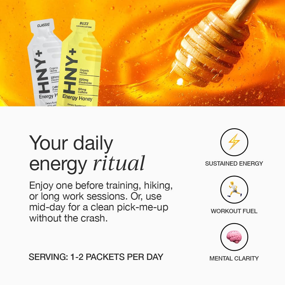 HNY+ Buzz Organic Honey Energy Gel with Electrolytes, Magnesium, Sea Salt, Potassium & Green Tea Caffeine, Workout Gels for Gym, Running & Hiking, Gluten Free & Vegan, 50mg Caffeine, 12 Pack