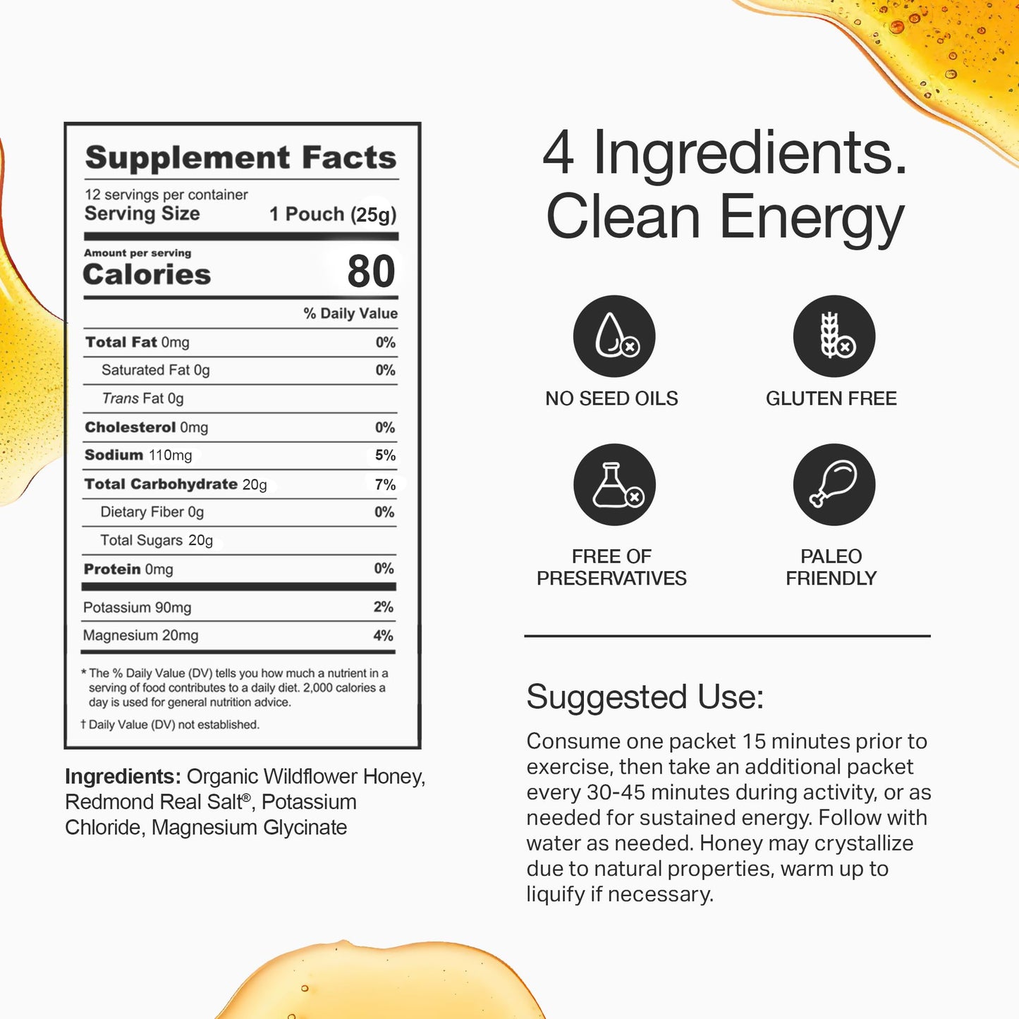 HNY+ Buzz Organic Honey Energy Gel with Electrolytes, Magnesium, Sea Salt, Potassium & Green Tea Caffeine, Workout Gels for Gym, Running & Hiking, Gluten Free & Vegan, 50mg Caffeine, 12 Pack
