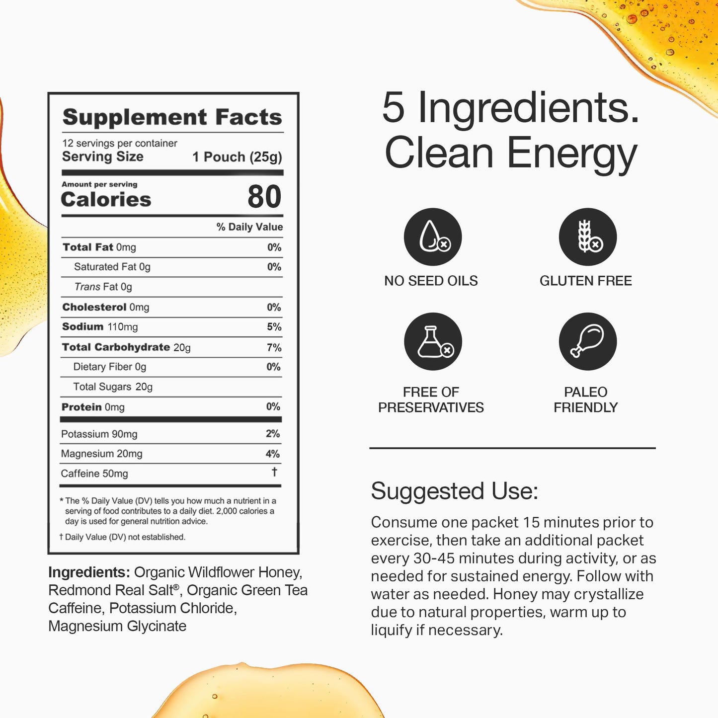 HNY+ Buzz Organic Honey Energy Gel with Electrolytes, Magnesium, Sea Salt, Potassium & Green Tea Caffeine, Workout Gels for Gym, Running & Hiking, Gluten Free & Vegan, 50mg Caffeine, 12 Pack