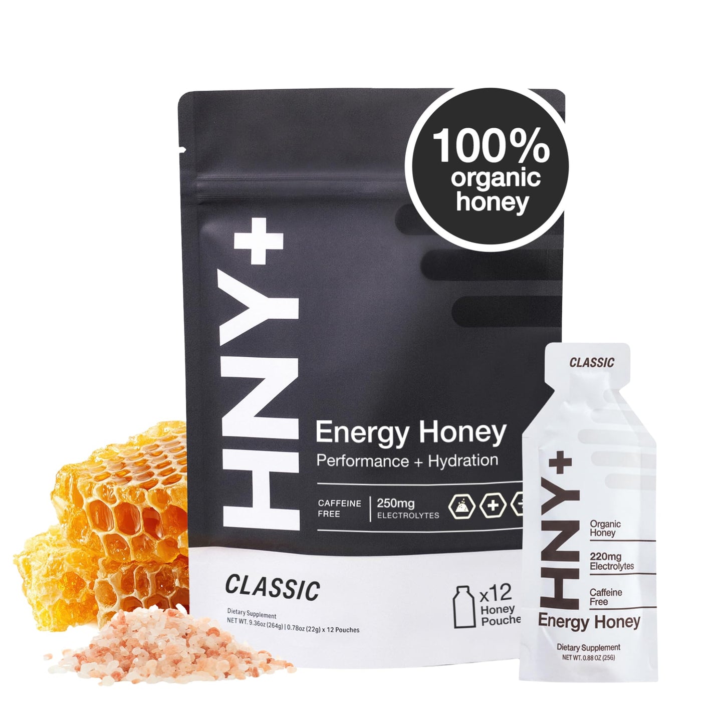 HNY+ Buzz Organic Honey Energy Gel with Electrolytes, Magnesium, Sea Salt, Potassium & Green Tea Caffeine, Workout Gels for Gym, Running & Hiking, Gluten Free & Vegan, 50mg Caffeine, 12 Pack
